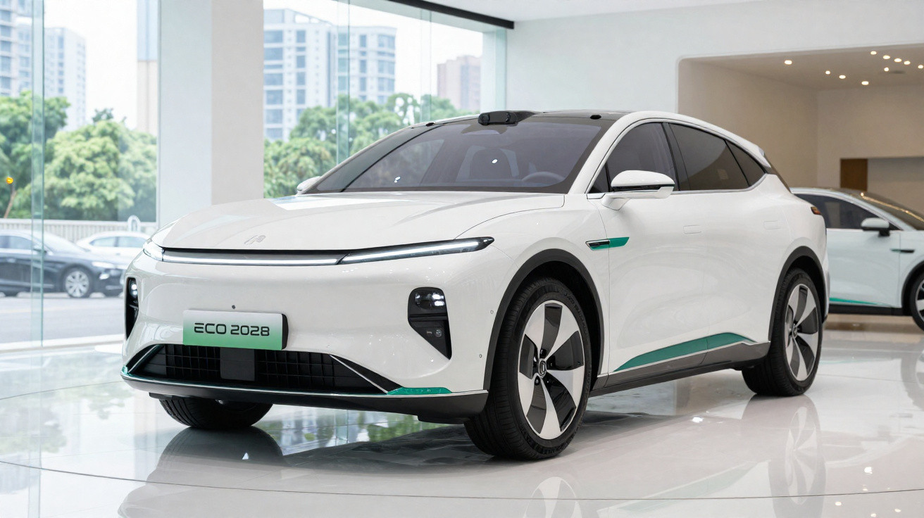 White futuristic electric car displayed in a showroom with large windows and cityscape background