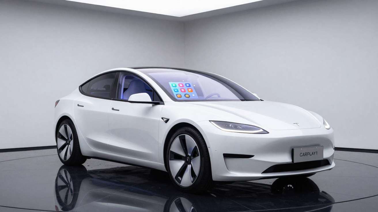 White Tesla Model 3 electric car displayed in a minimalist showroom with Apple CarPlay on the dashboard screen.