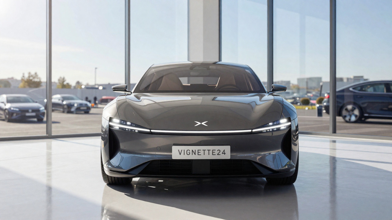 Sleek black electric car with modern LED lights displayed inside a glass showroom with reflections on the floor.