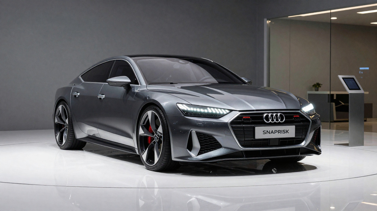 Sleek metallic grey Audi sports sedan with modern LED headlights displayed in a minimalist showroom.