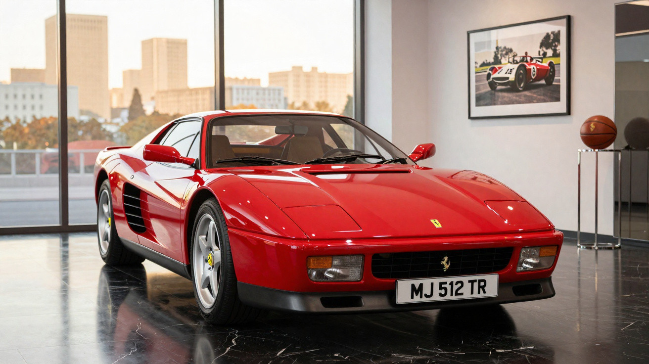 Red classic Ferrari sports car displayed indoors with cityscape visible through large windows behind it.