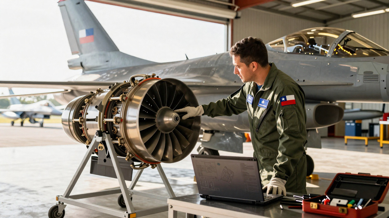 Technician inspects a jet engine turbine in a hangar with a fighter jet and laptop nearby.