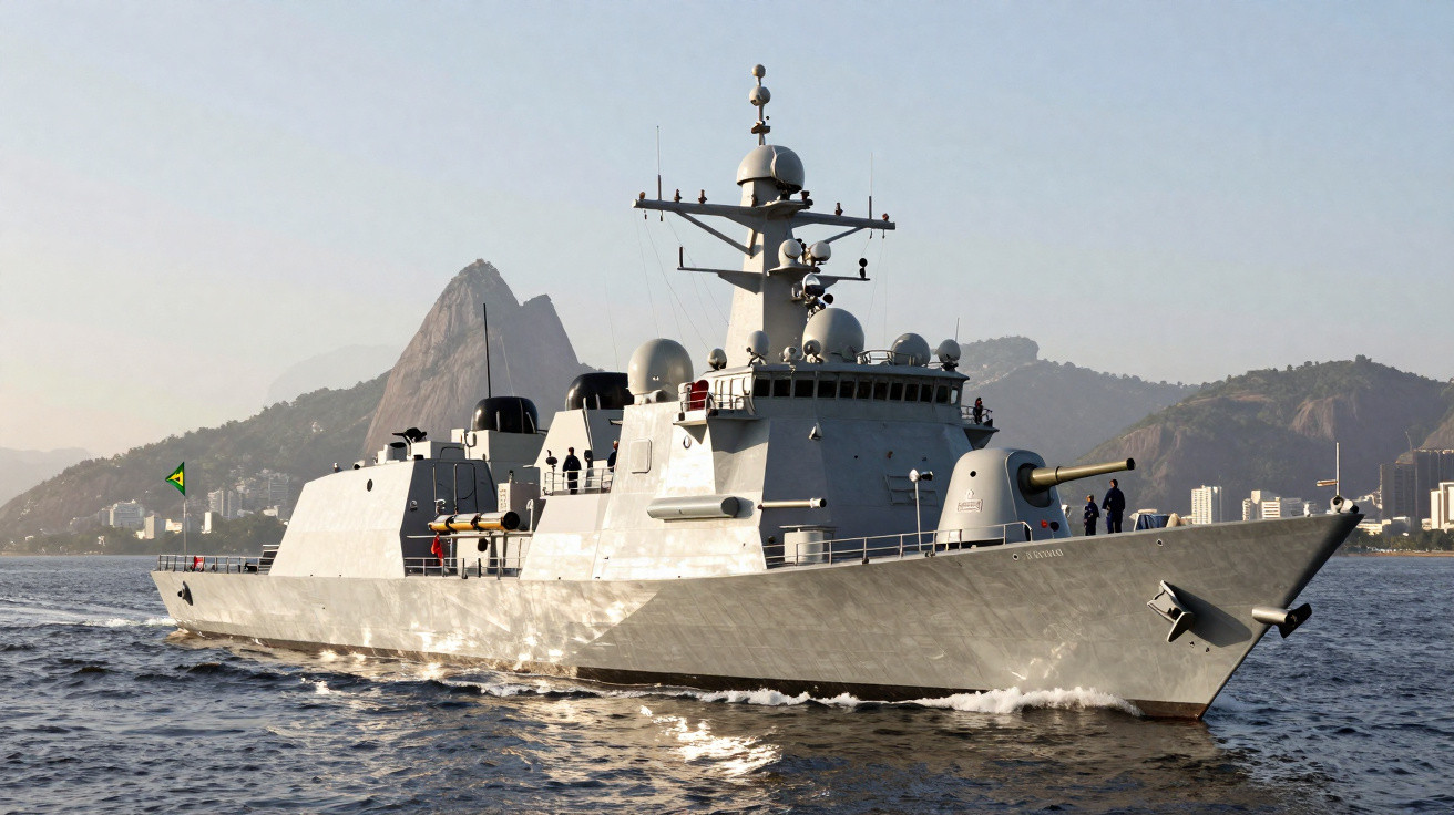 Brazilian navy warship sailing near mountains with Sugarloaf Mountain in the background, Rio de Janeiro.