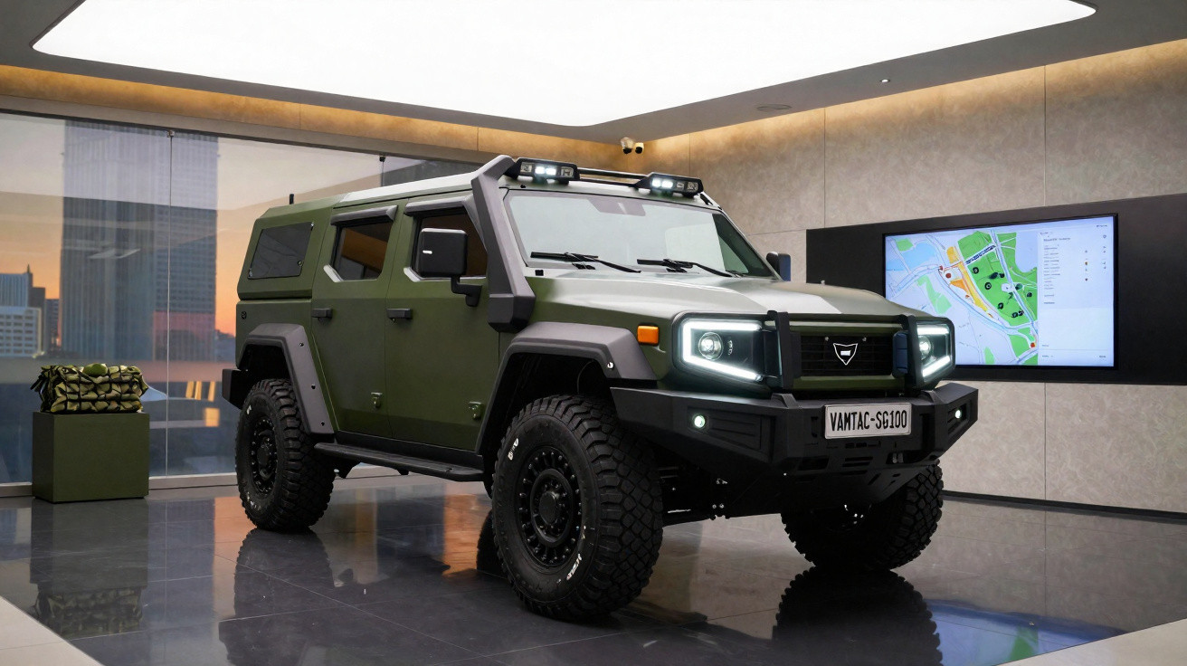 Green military-style YAMTAC-SG100 SUV displayed indoors with large off-road tyres and illuminated headlights.