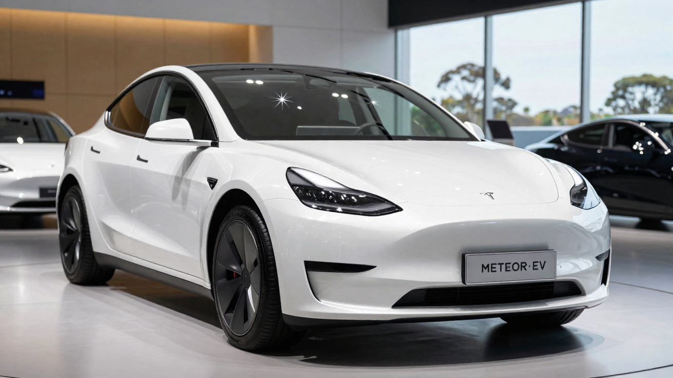 White Tesla Meteor EV electric car displayed indoors with large windows and modern showroom lighting.
