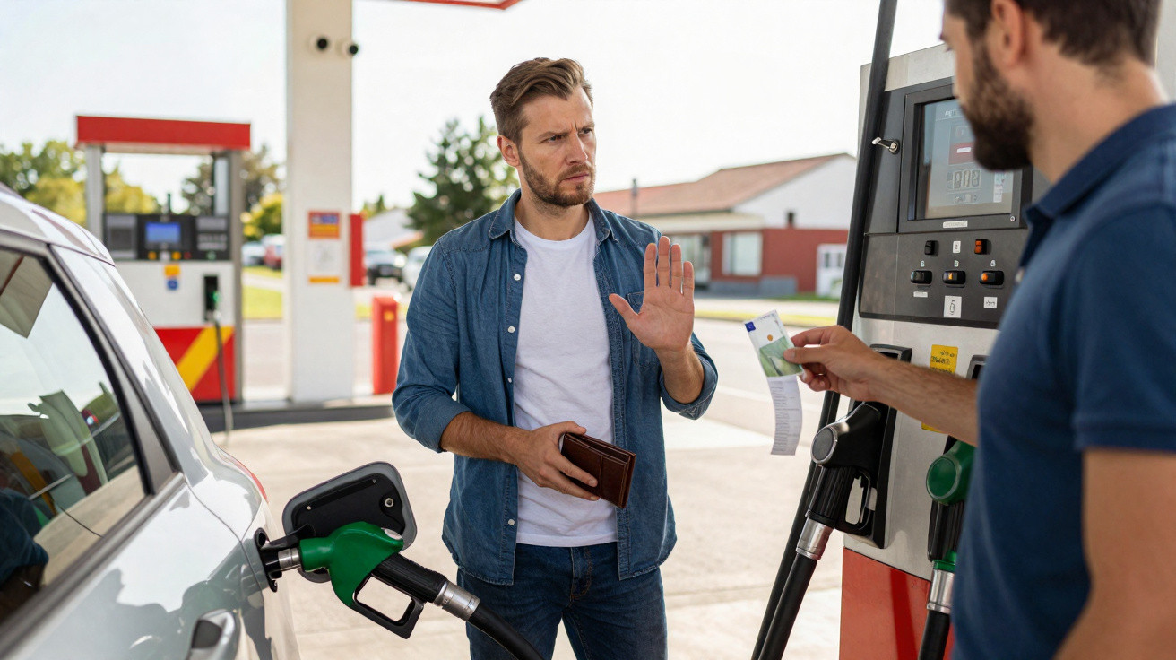 Man refusing to pay at petrol station, holding wallet and raising hand towards attendant offering payment terminal.