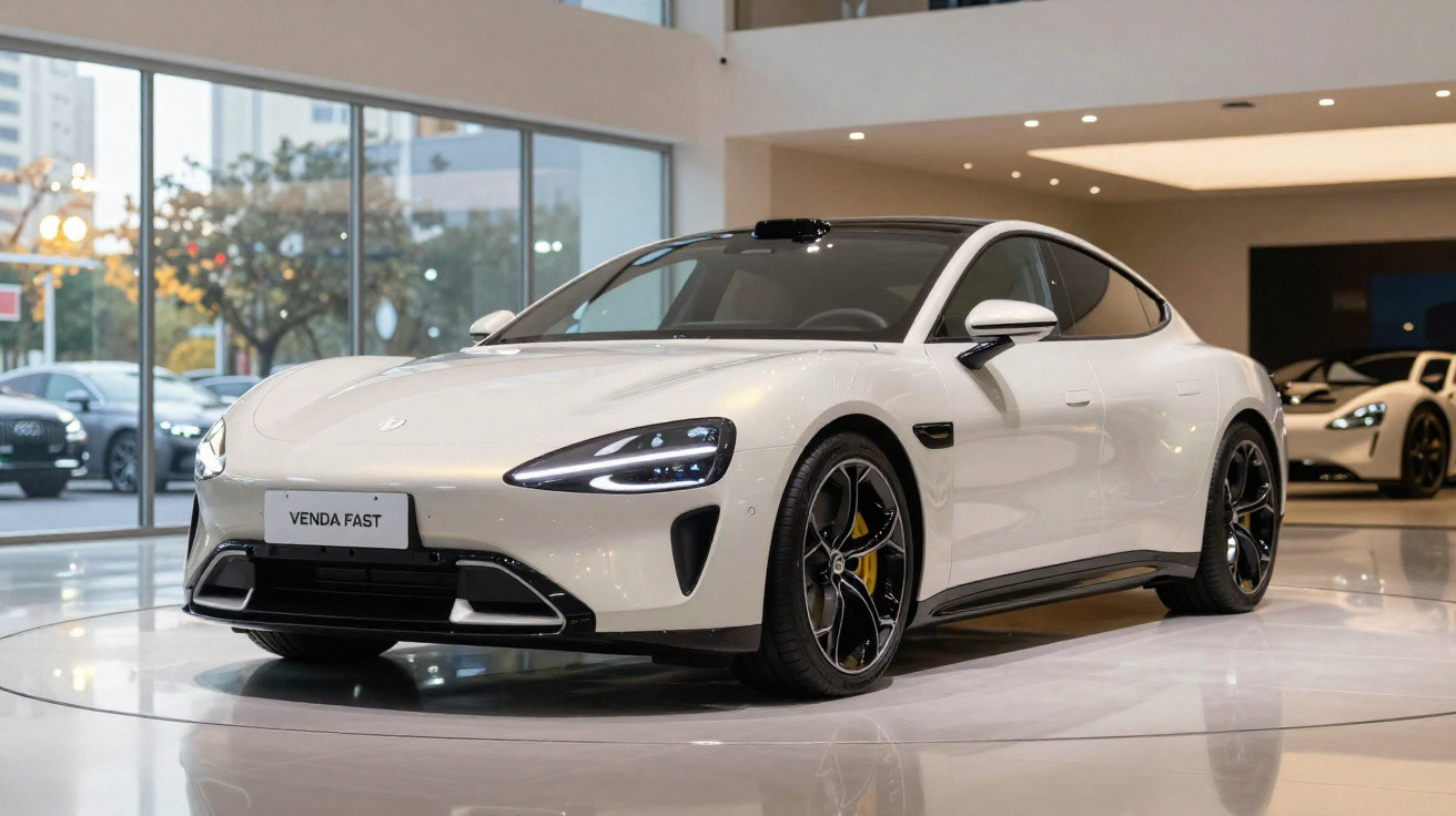 White luxury electric sports car displayed in a showroom with modern glass walls and city view outside.