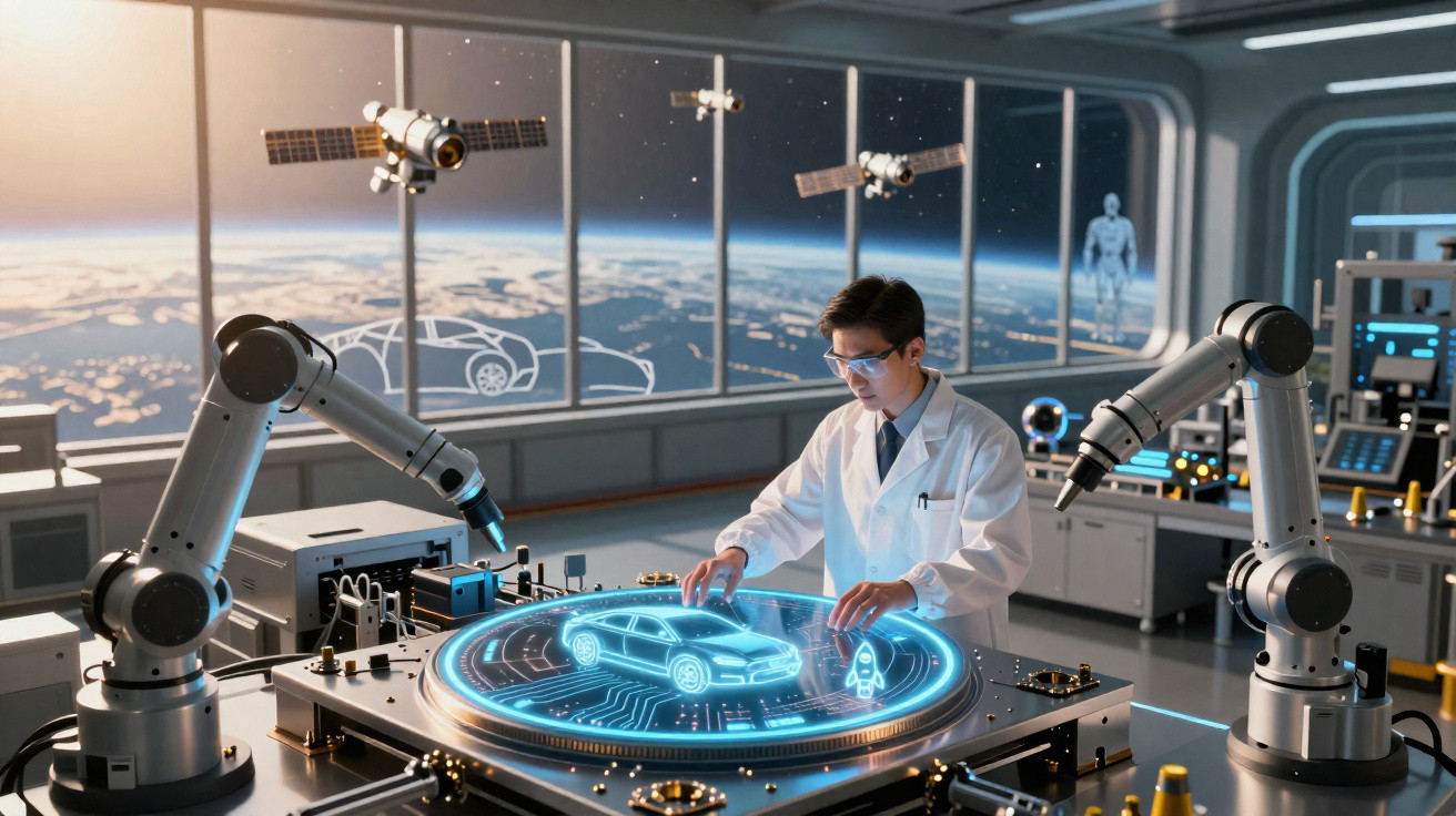 Scientist in a lab coat using holographic display and robotic arms to design a futuristic car in a space station.