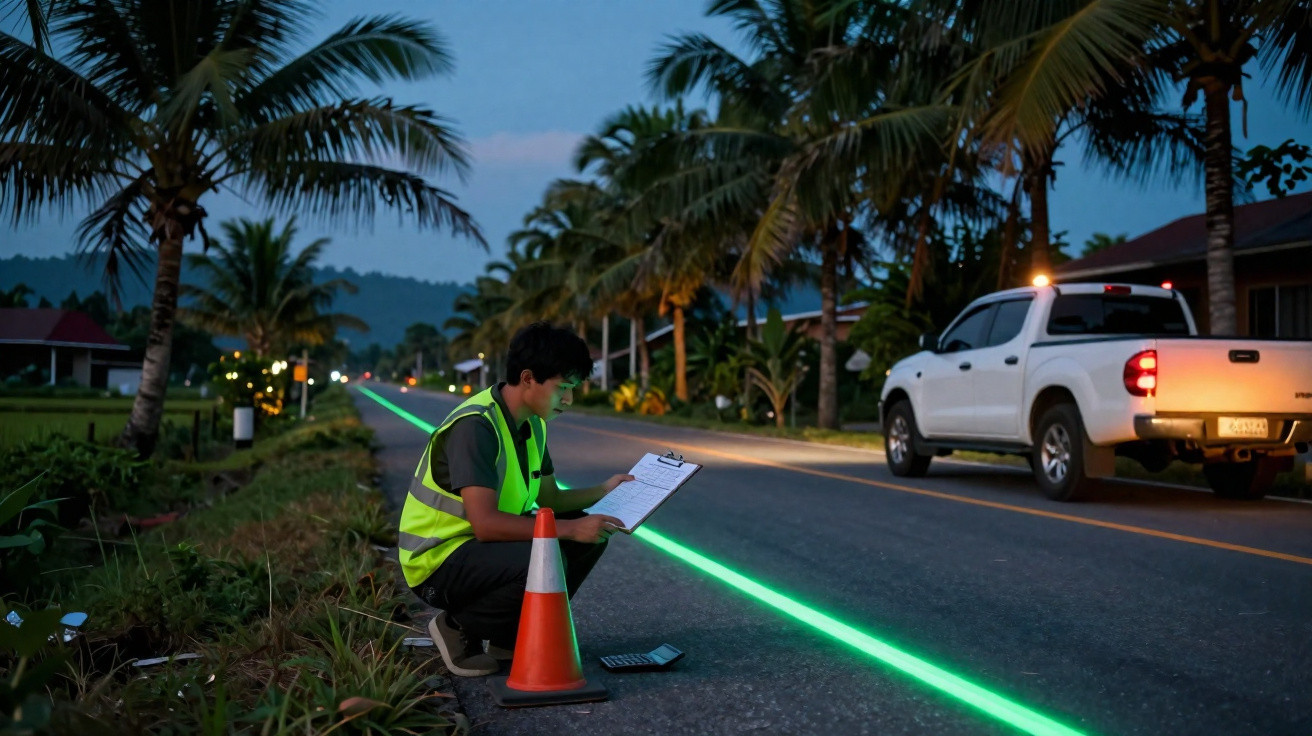Person in high-visibility vest sitting by roadside at dusk, using clipboard next to glowing green line and traffic cone.