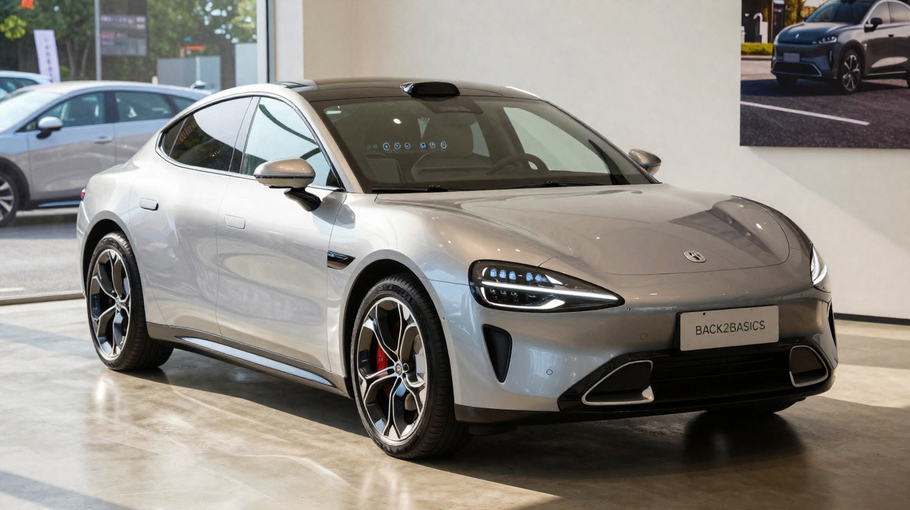 Silver electric sports car with sleek design displayed indoors under natural light