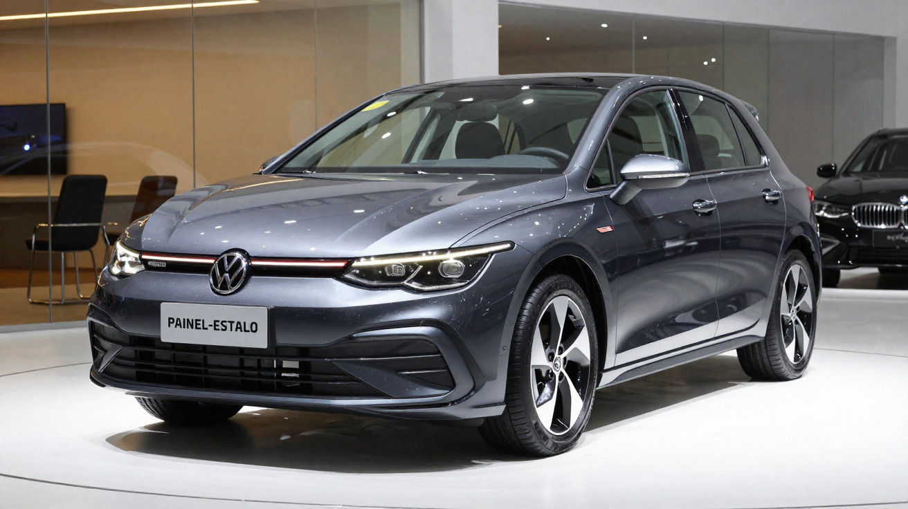 Grey Volkswagen Golf hatchback displayed on a white platform in a modern showroom.