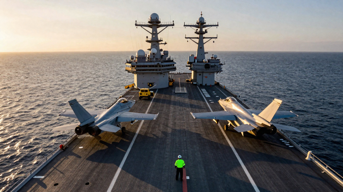 Two fighter jets parked on aircraft carrier deck at sea with crew member in high-visibility jacket standing nearby at sunset