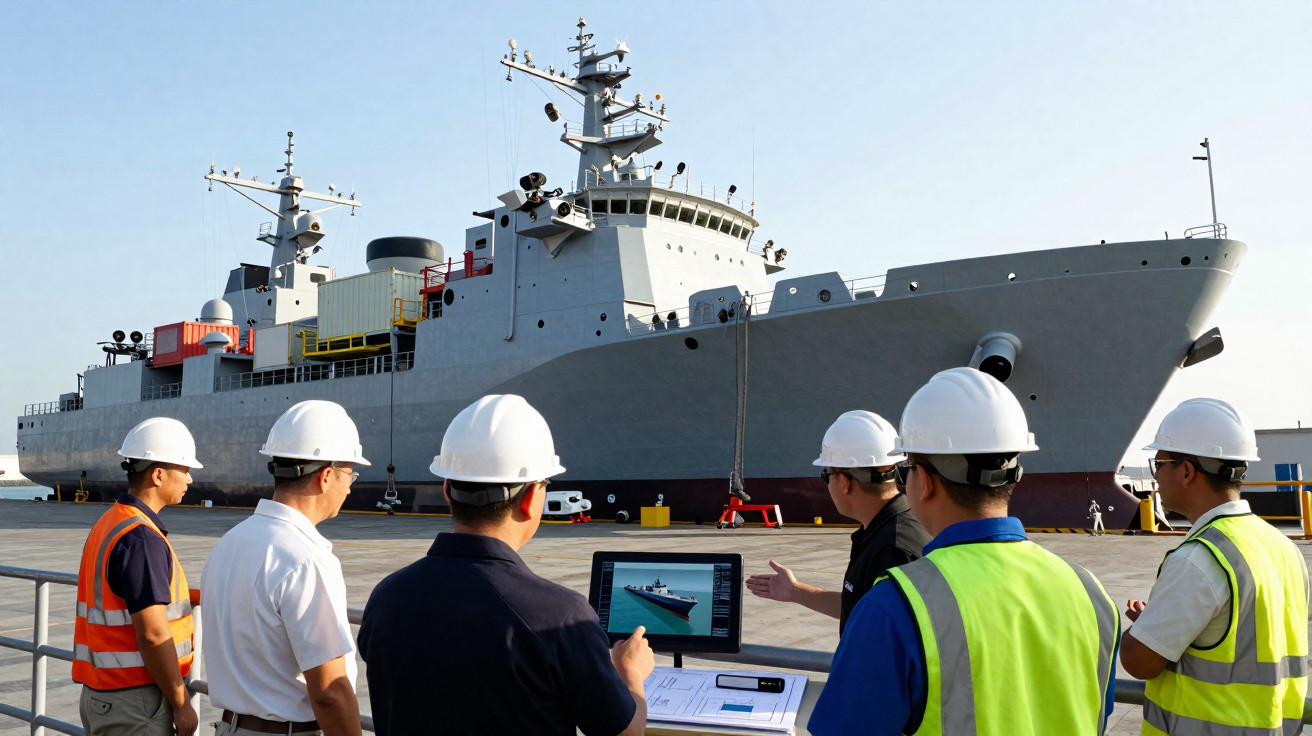 Group of workers in hard hats inspecting a large grey naval ship docked at a port.