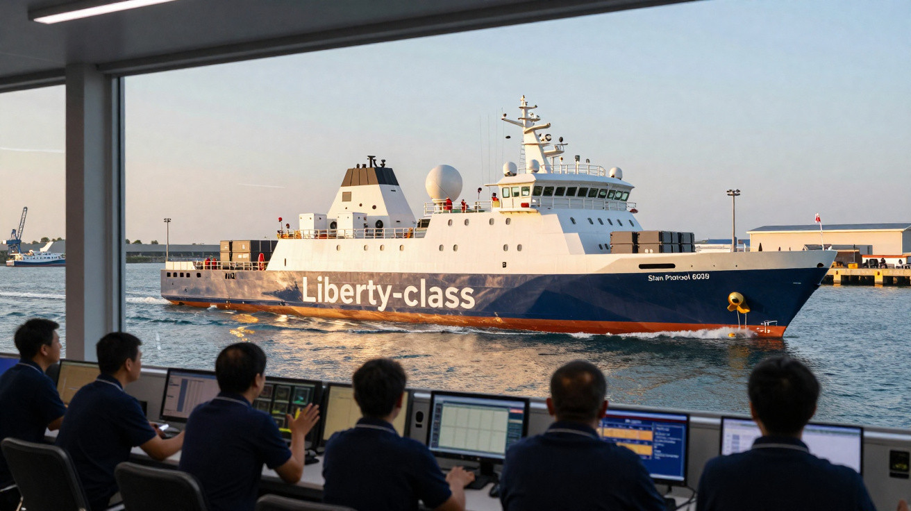 Crew members observe a Liberty-class ship named Stan Patrol 6009 sailing past a control room window.