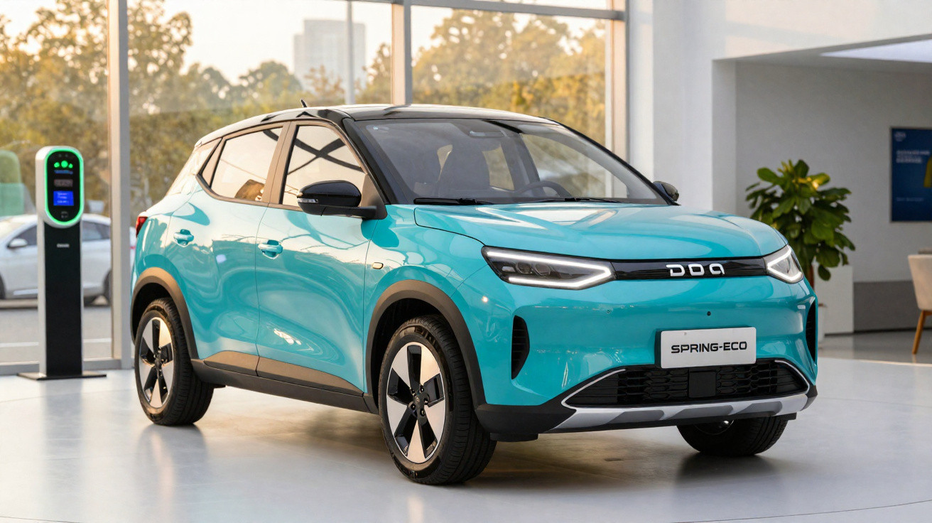 Bright turquoise electric SUV with sleek design, displayed indoors near a charging station and large windows.