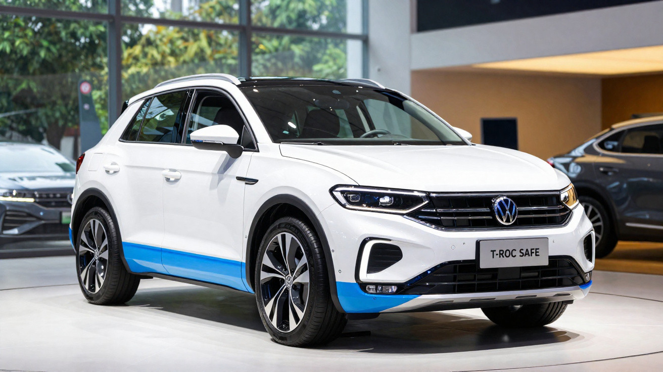 White Volkswagen T-Roc Safe compact SUV with blue trim displayed indoors on a white platform