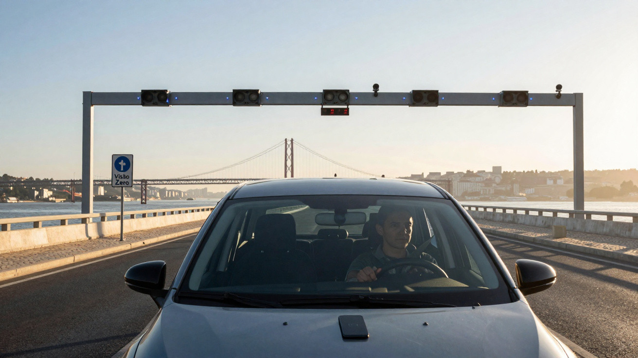 Man driving a car on a bridge at sunset with a suspension bridge and city skyline in the background.