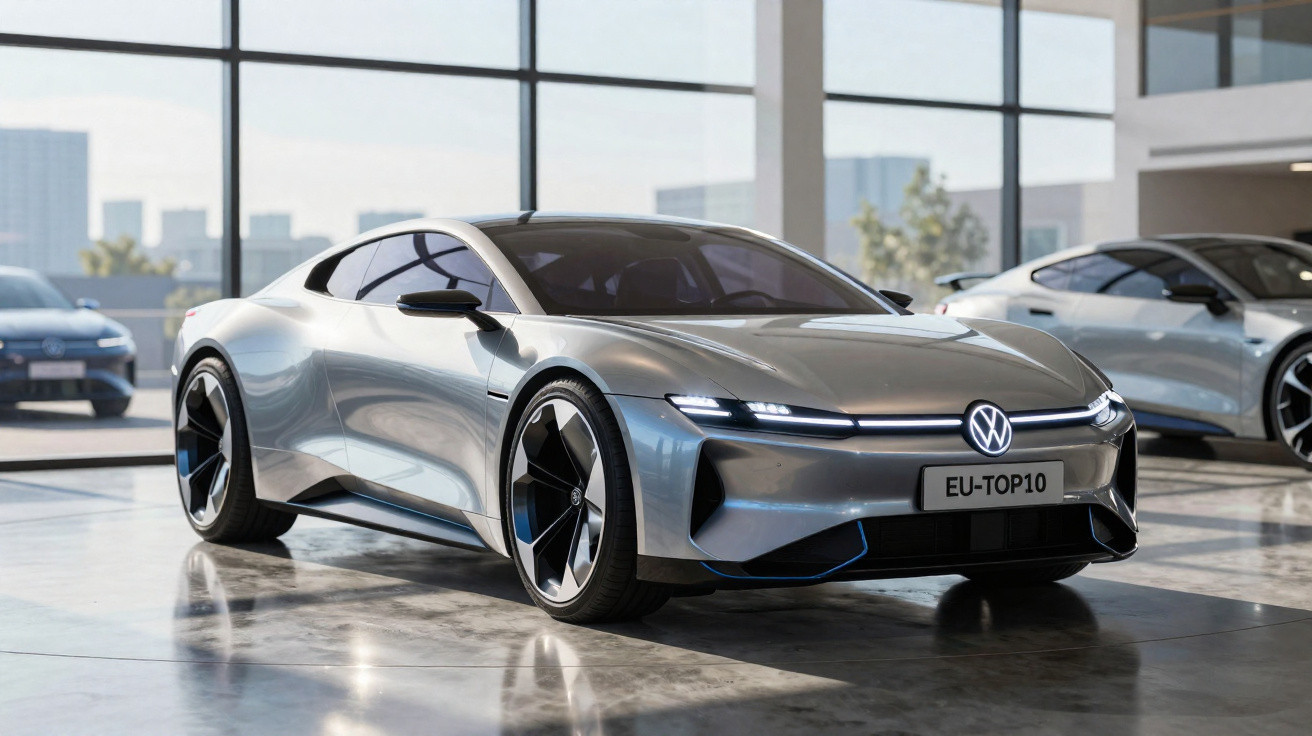 Silver Volkswagen electric sports car parked indoors with glossy floor and city skyline visible through large windows