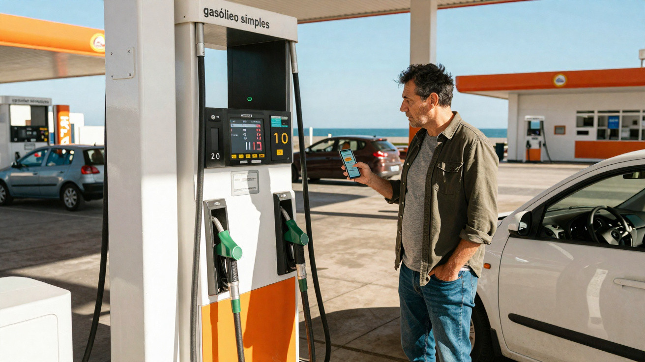 Man uses smartphone at petrol station near white car beside fuel pump labeled gasóleo simples.