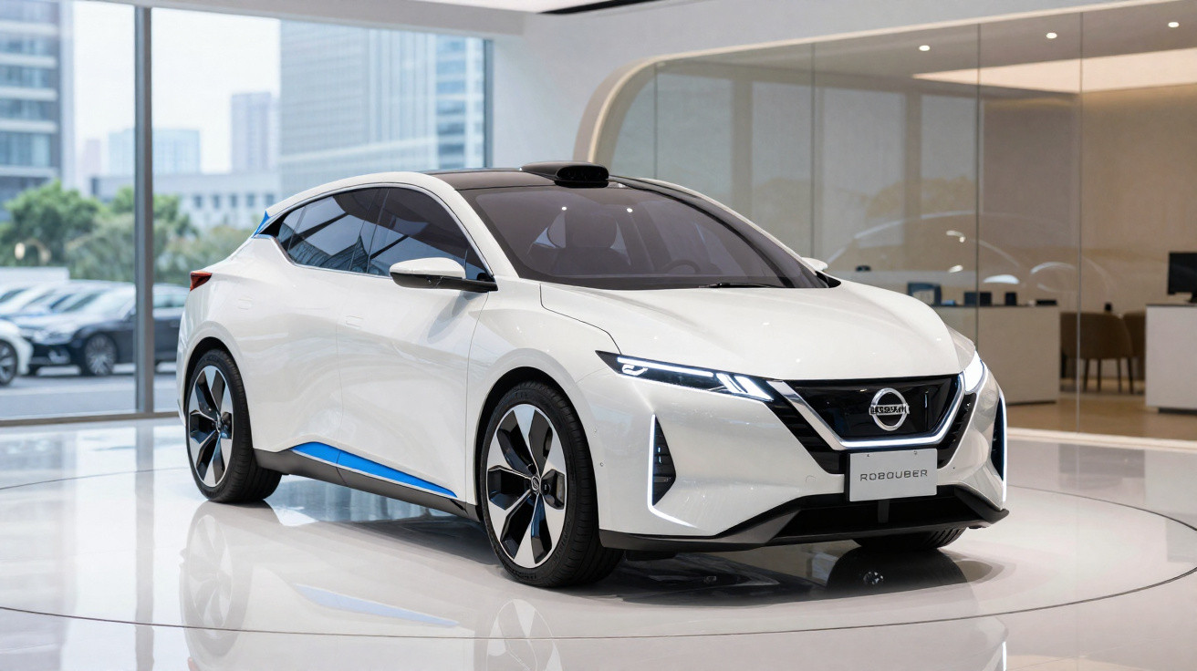 White Nissan electric car displayed indoors on a shiny floor with city buildings visible outside.