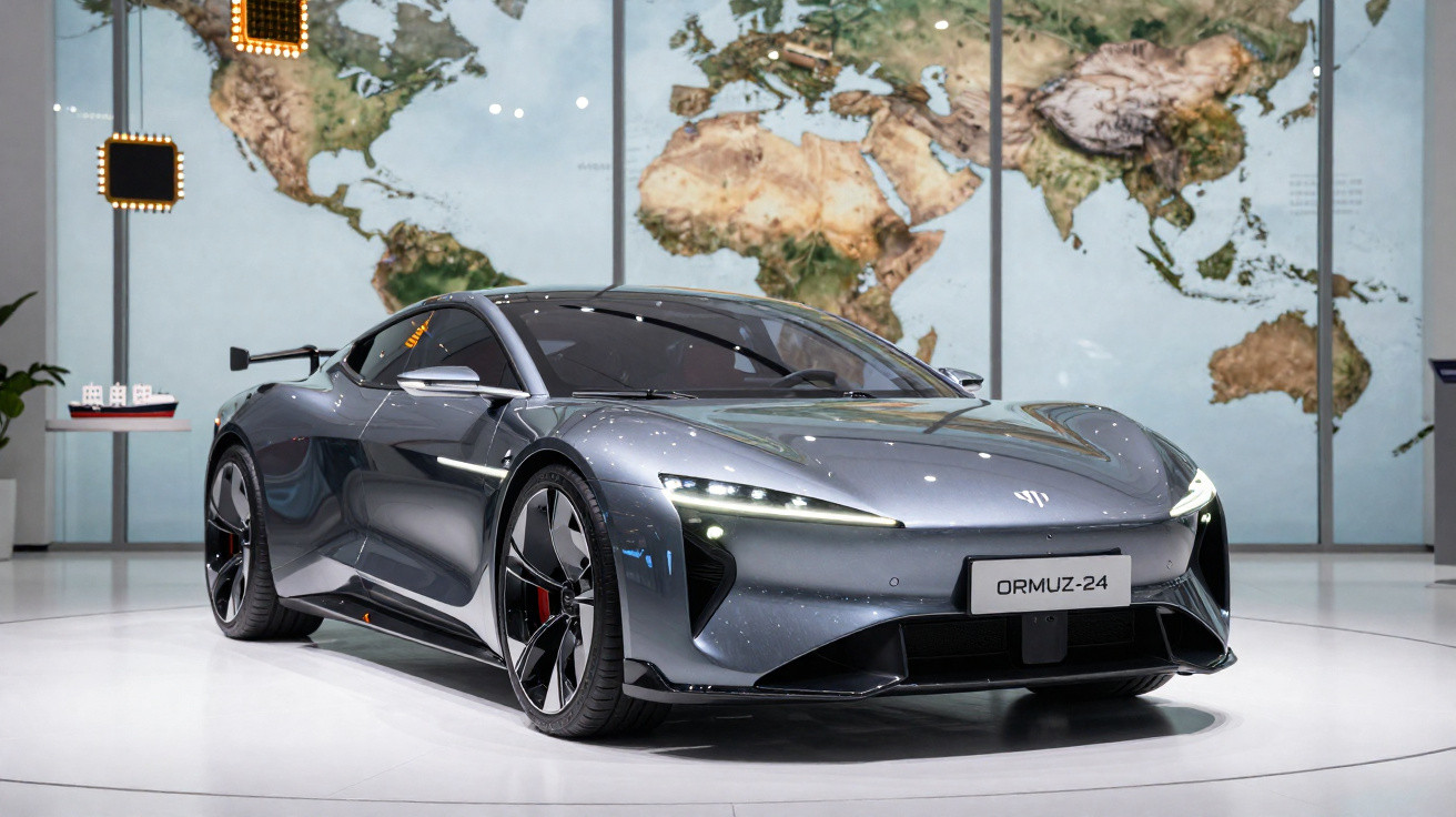 Sleek silver-gray sports car with futuristic design displayed indoors against a large world map backdrop.