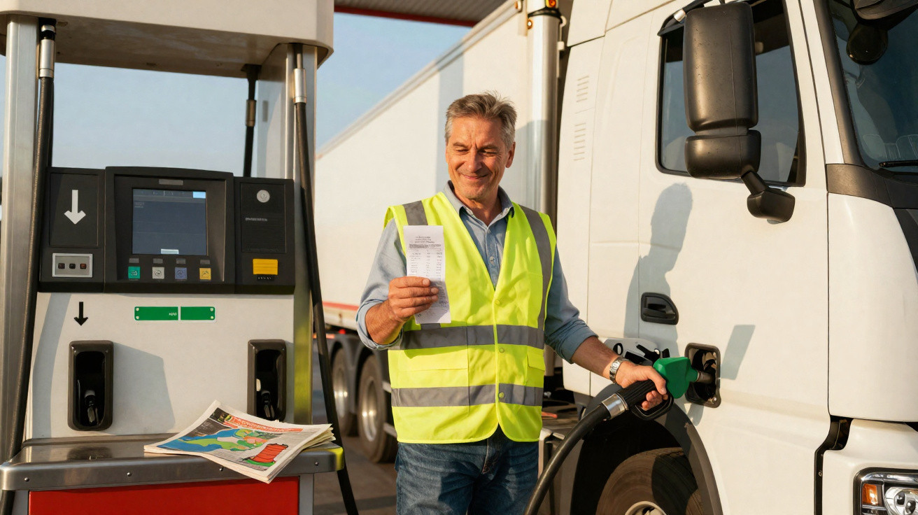 Man in high-visibility vest refuels white truck at petrol station while holding a receipt and smiling.