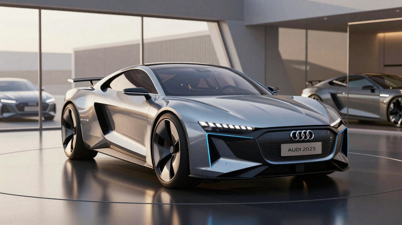 Sleek silver Audi 2025 concept sports car showcased indoors with futuristic design and LED headlights.