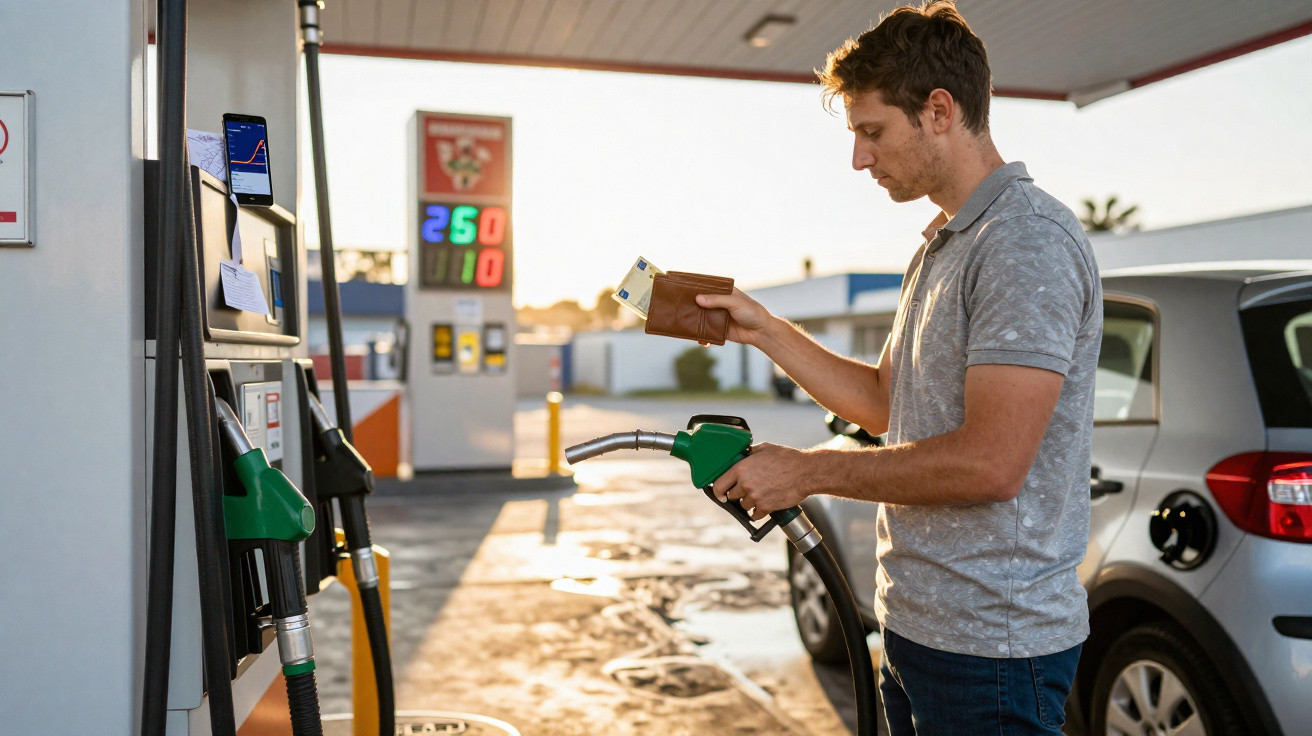Man at petrol station holding wallet and fuel pump, preparing to pay while refuelling car at sunset.