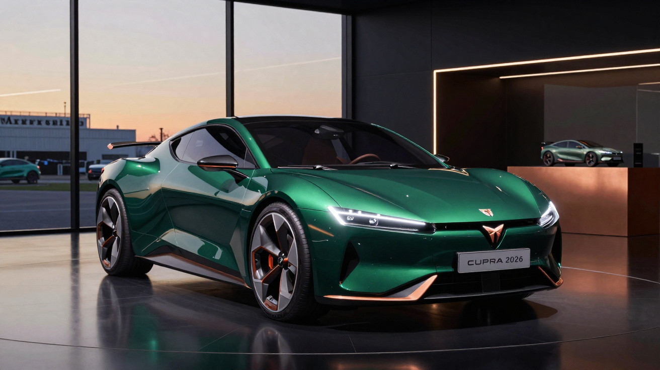 Green Cupra 2026 electric sports car displayed indoors with sleek design and modern lighting at sunset.