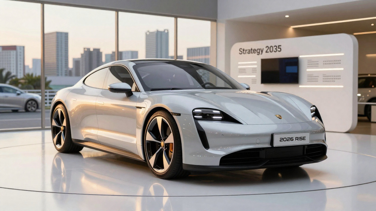 Silver Porsche electric sports car on display indoors with cityscape visible through large windows behind it