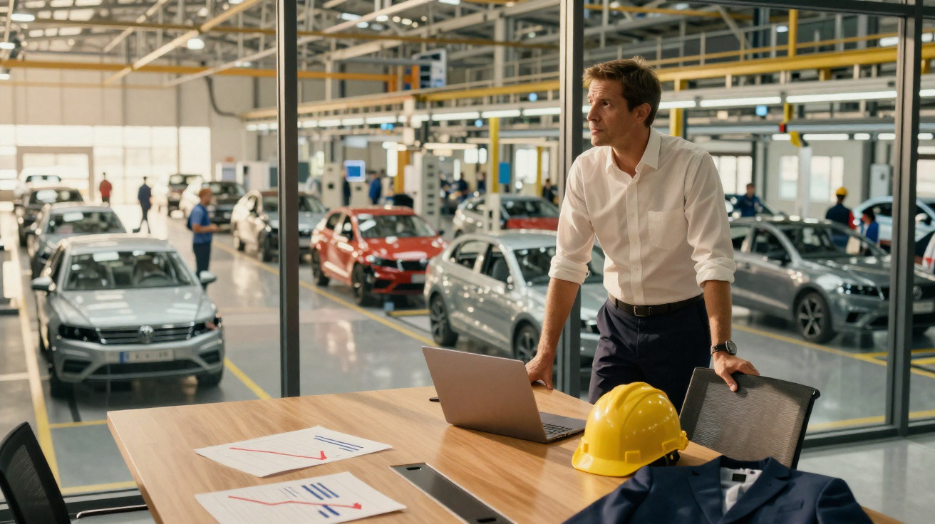 Man in a white shirt stands by a desk with a laptop and hard hat, overlooking a busy car manufacturing factory.