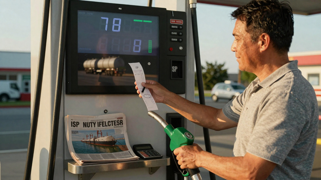 Man holding a receipt and green fuel nozzle at a petrol station pump displaying fuel prices.