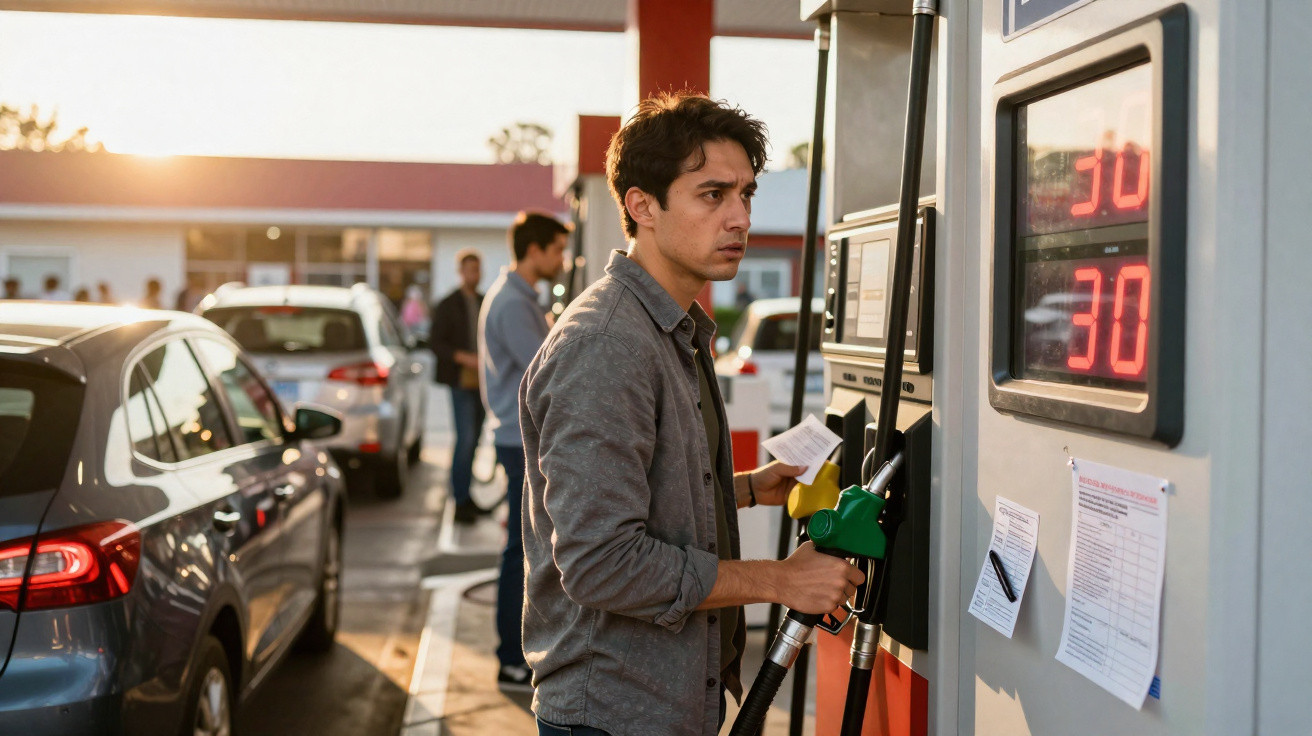 Young man holding fuel nozzle and receipt at petrol station with cars and people in the background at sunset