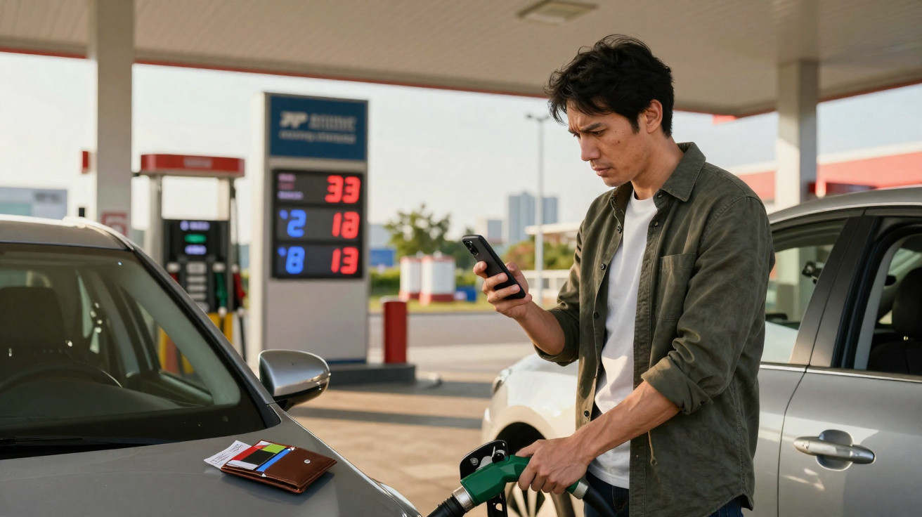 Man using smartphone while filling car with petrol at gas station during daytime