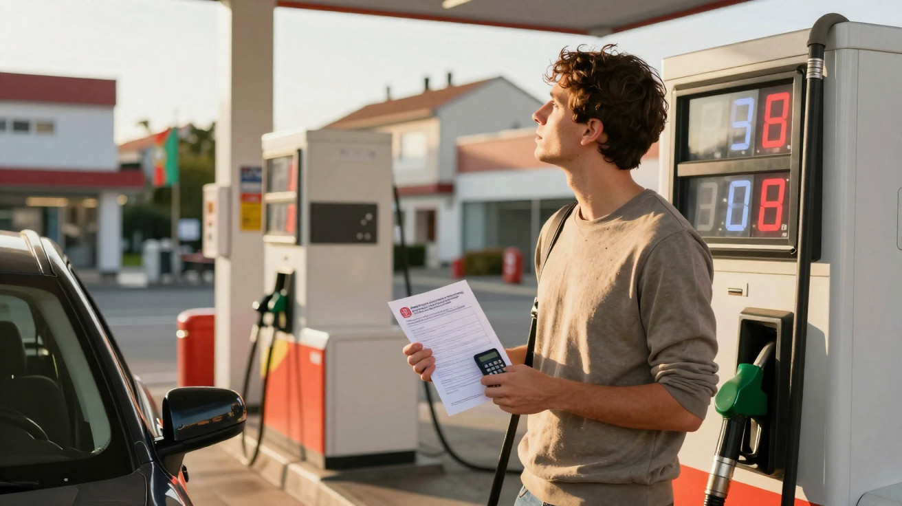 Young man holding a calculator and receipt, standing by a fuel pump at a petrol station next to a car.