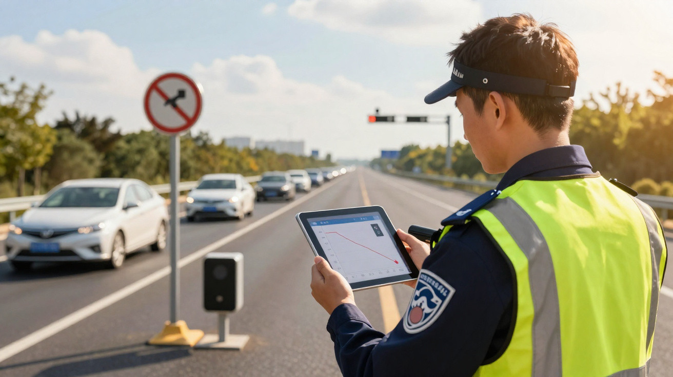 Traffic officer in high-visibility vest using a tablet to monitor vehicles on a busy multilane road.