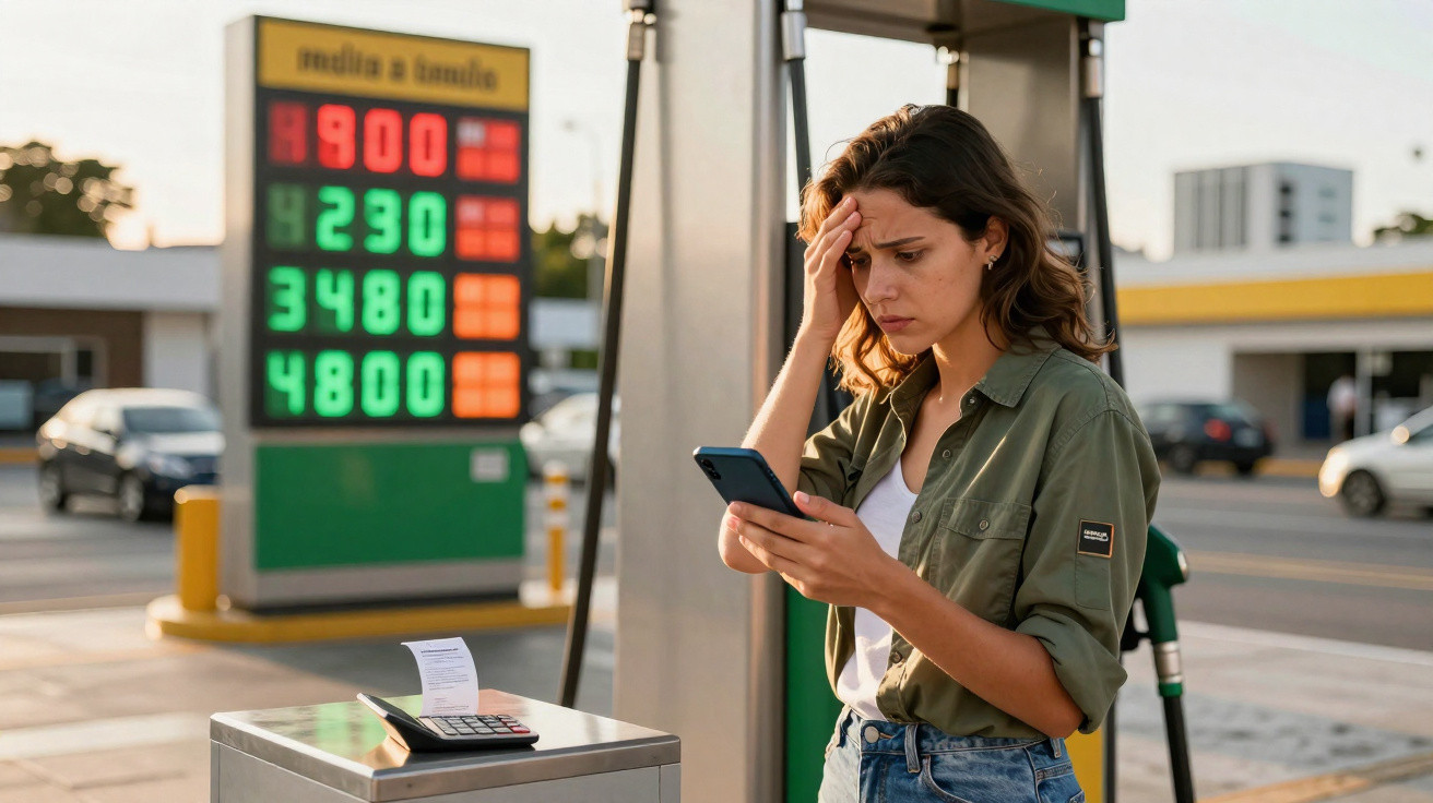 Worried woman checks phone at petrol station with high fuel prices displayed on sign in the background.