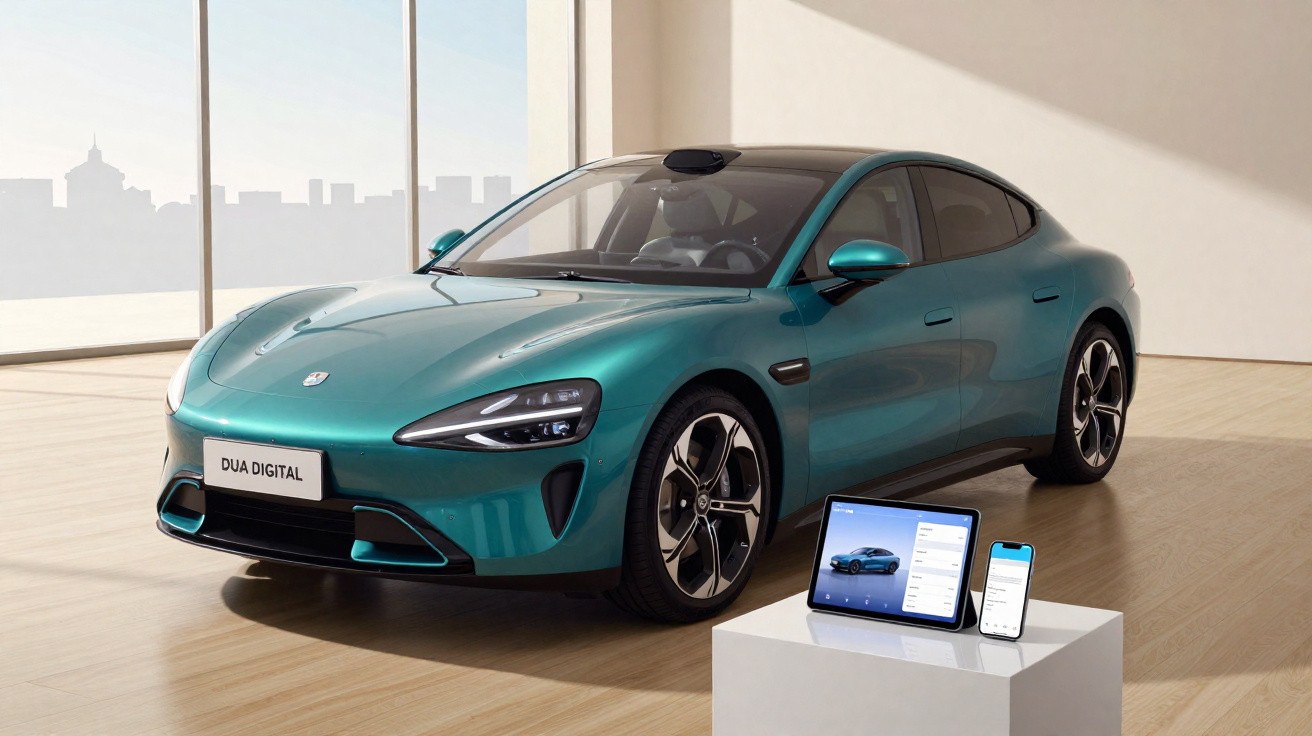 Teal electric car displayed indoors next to a tablet and smartphone showing vehicle information.