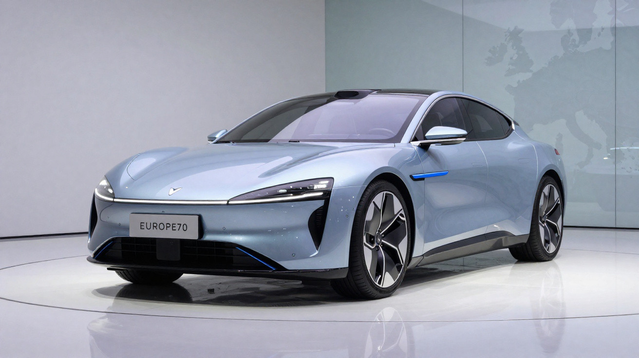 Sleek silver electric sports car with modern headlights, black roof, and EUROPE70 number plate on display.