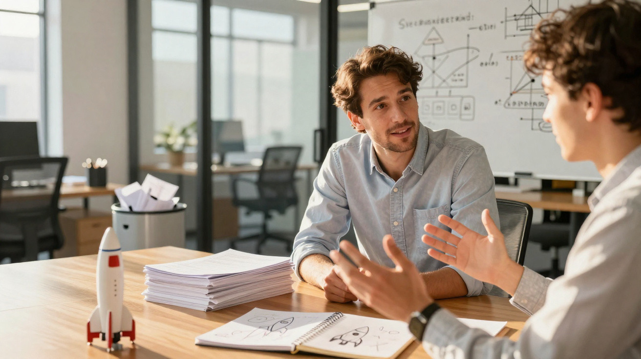 Two men discussing rocket designs with a model rocket and sketches on a table in an office.
