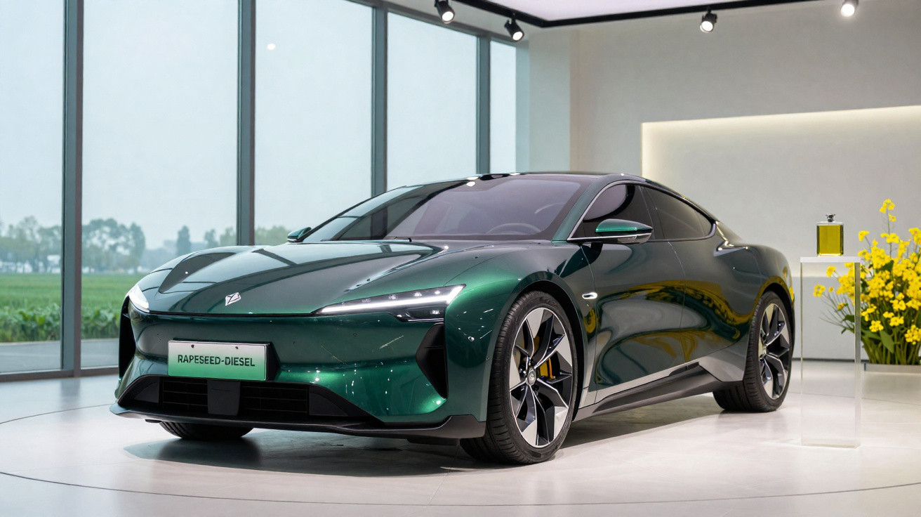 Dark green Rapeseed-Diesel electric sports car displayed indoors near large windows and yellow flowers.