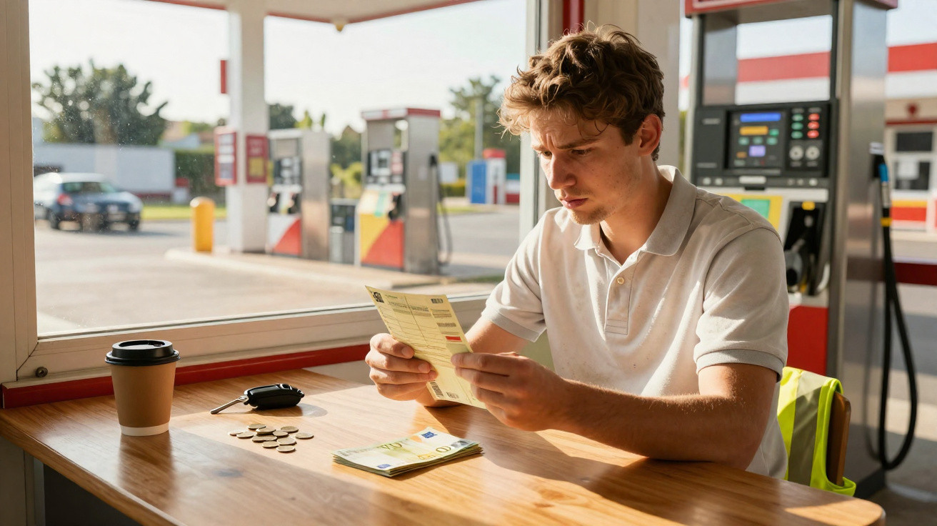 Young man at petrol station counter counting money with coffee and car keys on table beside him
