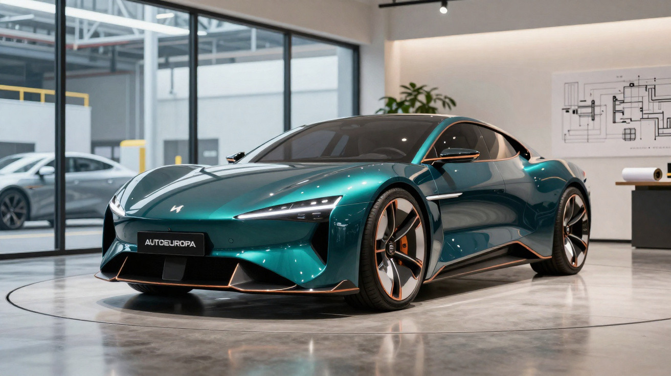 Sleek green electric sports car displayed in a modern showroom with large glass windows and polished floors.
