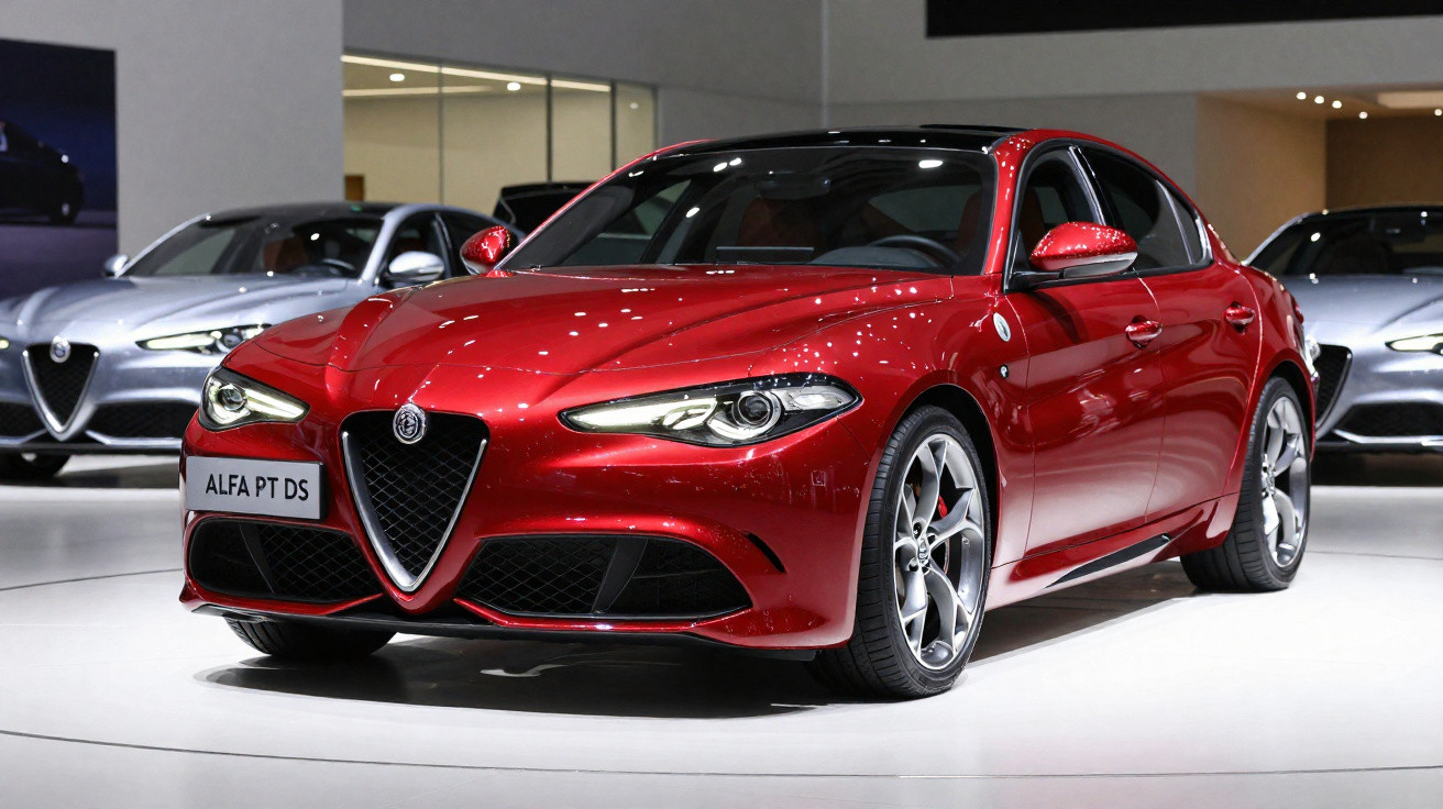 Red Alfa Romeo sports sedan displayed indoors with bright lighting and two silver cars in background.