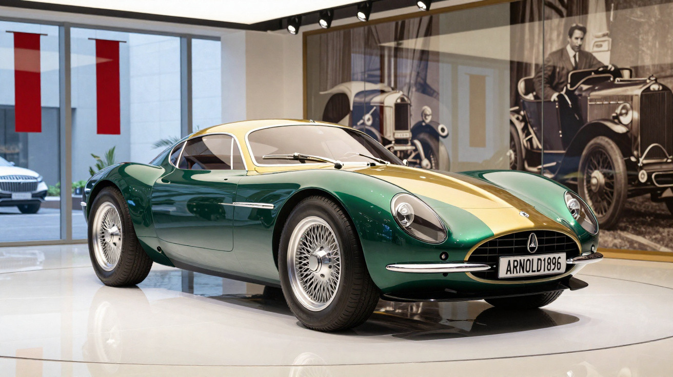 Green and gold vintage sports car on display in a museum with historical automobile photographs in the background.