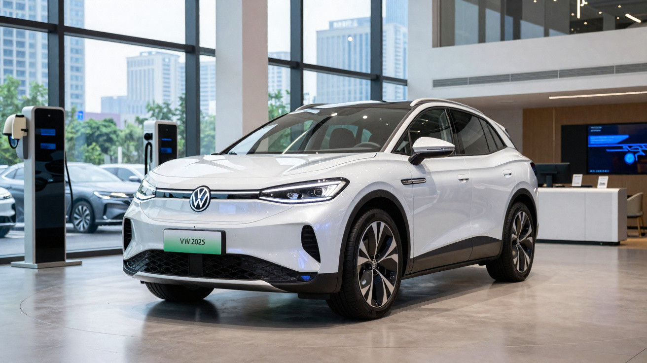 White Volkswagen ID. series electric SUV displayed in modern showroom with charging stations visible outside.
