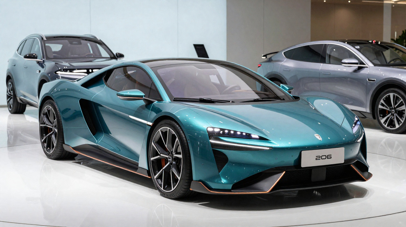 Teal McLaren Artura sports car displayed indoors with two other modern vehicles in the background.