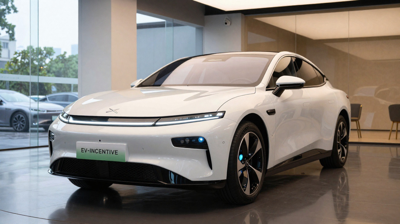 White electric sedan displayed indoors with sleek design and modern LED headlights on glossy floor.