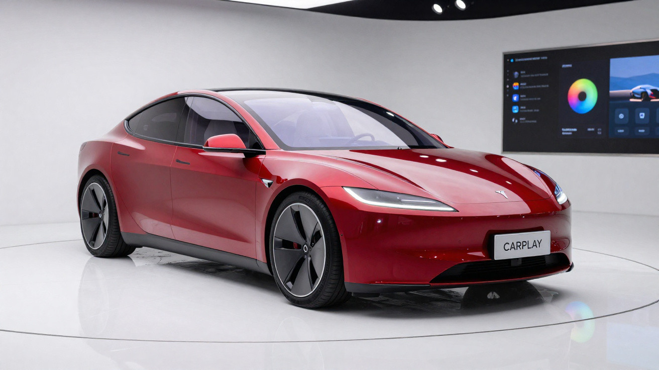 Red Tesla electric car showcased in a modern white room with digital display screens on the wall.