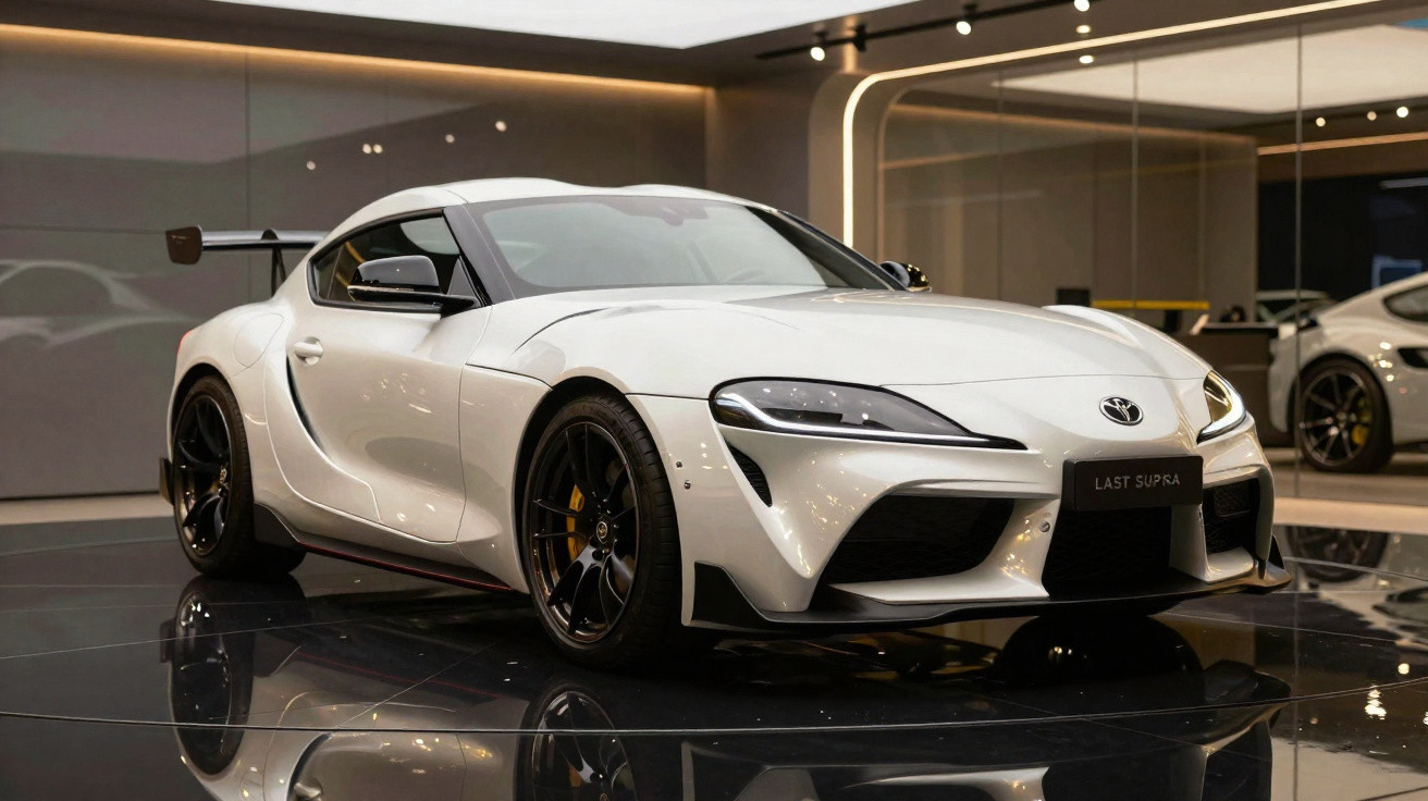 White Toyota Supra sports car displayed indoors with black wheels and rear spoiler, labelled "Last Supra".